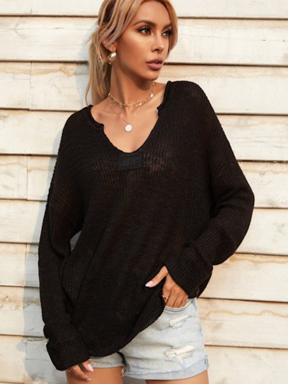 new MISS SPARKLING SEXY TUNIC SWEATER oversized western bohemian BLACK SM-XL